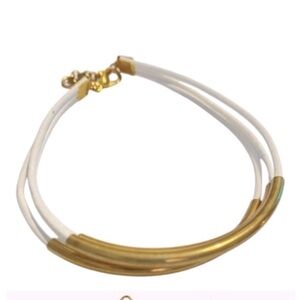 White Leather Bracelet, Stackable Leather Strand Bracelet, Gold Plated Tu…